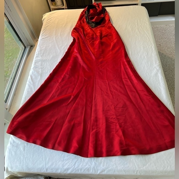 Zara Womens LG Red Satin Maxi Dress Low Back Tie Neck Formal Holiday - Picture 2 of 5